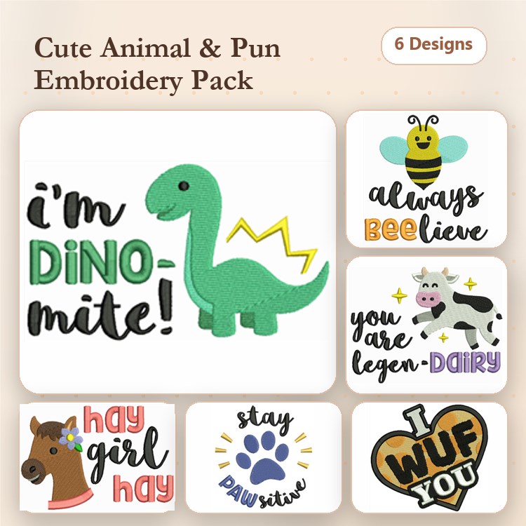 Dinosaur, Bee & Cow Embroidery Bundle – Fun & Cute Sayings (6 Designs)