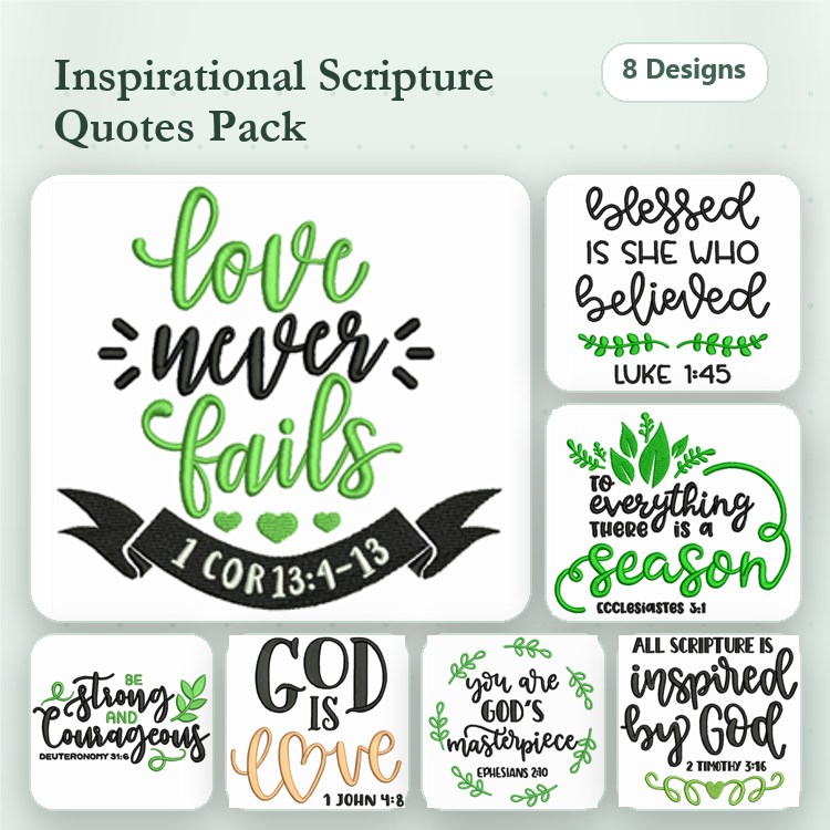 Motivational Quotes Embroidery Bundle – Love Never Fails, Blessed is She Who Believed, & More (8 Designs)
