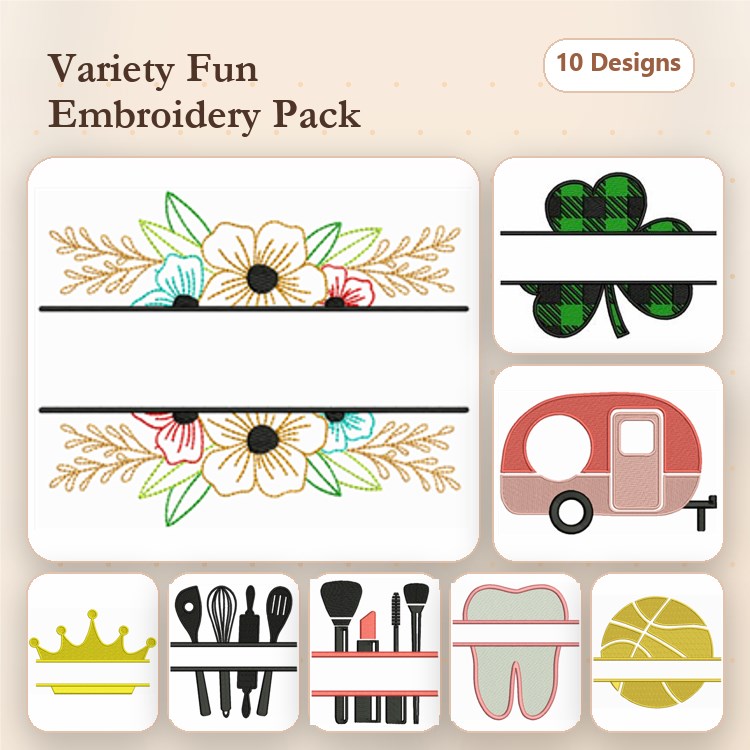 Floral & Holiday Embroidery Designs Bundle – Flowers, Camper Trailer, Cooking Utensils & More (10 Designs)