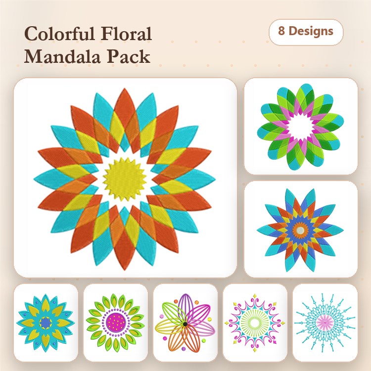 Colorful Floral Mandalas Embroidery Designs Bundle – Mandala Flower with Orange Petals, Colorful Starburst Mandala, & More (8 Designs)