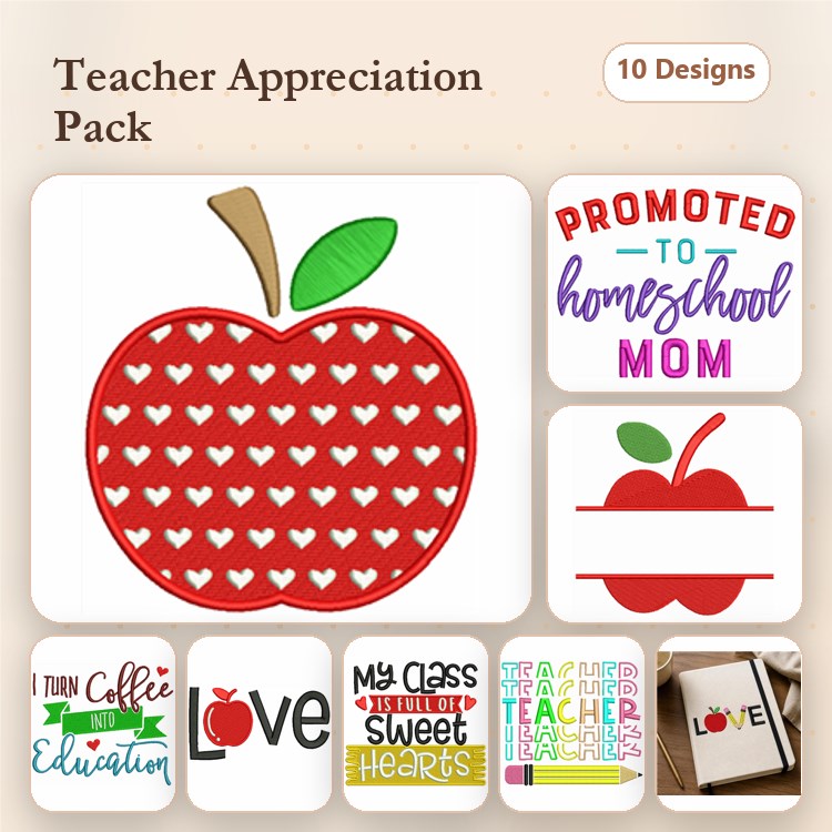 Teacher Appreciation Embroidery Designs Bundle – Apple with Hearts, Promoted to Homeschool Mom, & More (10 Designs)