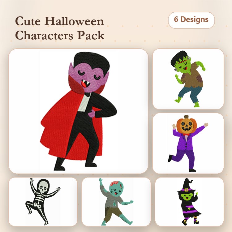 Halloween Characters Embroidery Designs Bundle – Vampire, Frankenstein Monster, Pumpkin Boy & More (6 Designs)