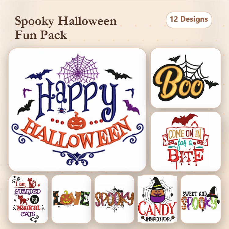 Halloween Themed Embroidery Designs Bundle – Happy Halloween, Boo, Spooky & More (12 Designs)