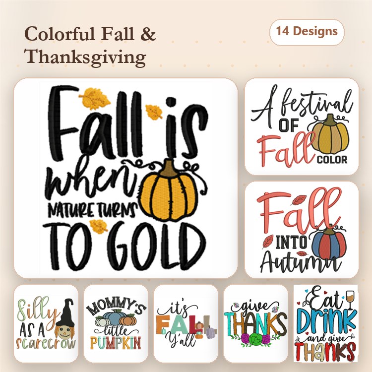 Fall and Thanksgiving Embroidery Designs Bundle – Fall is when Nature Turns to Gold, A Festival of Fall Color, & More (14 Designs)