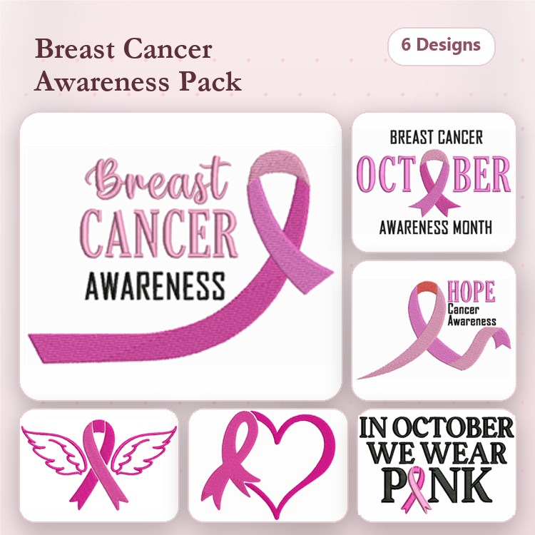 Breast Cancer Awareness Embroidery Designs Bundle – Ribbon, Heart with Ribbon, Angel Wings & More (6 Designs)