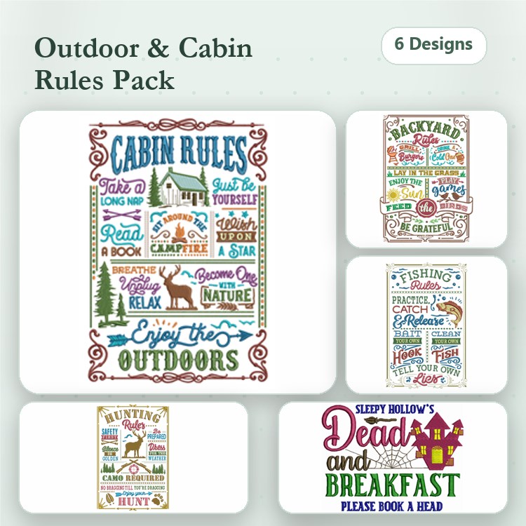 Outdoor & Cabin Rules Embroidery Designs Bundle – Cabin Rules Sign, Fishing Rules Sign, Hiking Rules Sign & More (6 Designs)