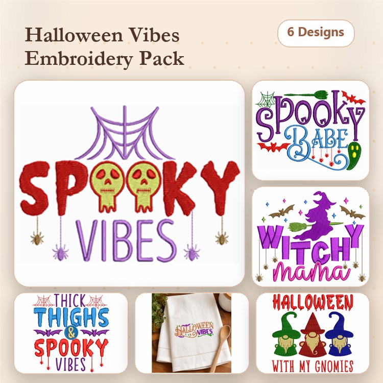 Halloween-Themed Embroidery Designs Bundle – Spooky Vibes, Witchy Mama, Spooky Babe & More (6 Designs)