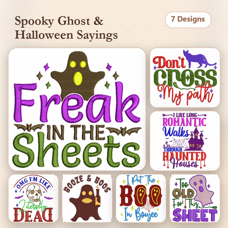 Halloween Sayings & Ghost Embroidery Designs Bundle – Freak in the Sheets, Booze & Boos, & More (7 Designs)