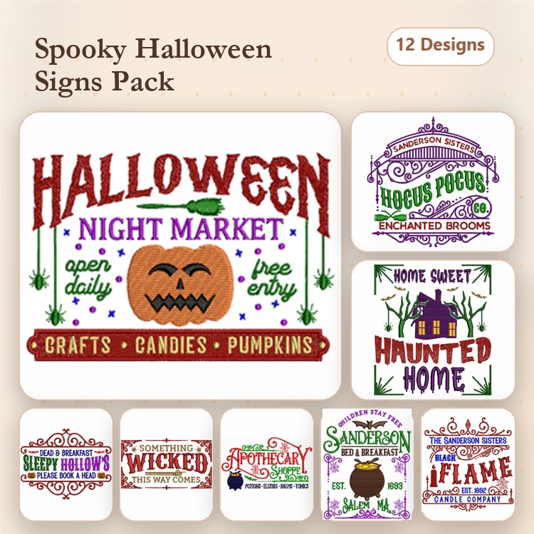 Halloween Sign Decorations Embroidery Designs Bundle – Halloween Night Market, Hocus Pocus, Home Sweet Haunted Home & More (12 Designs)