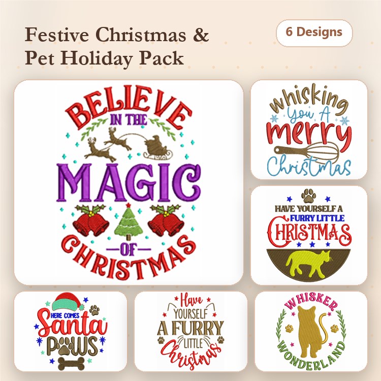 Christmas Pet Embroidery Bundle – Furry Designs (6 Designs)
