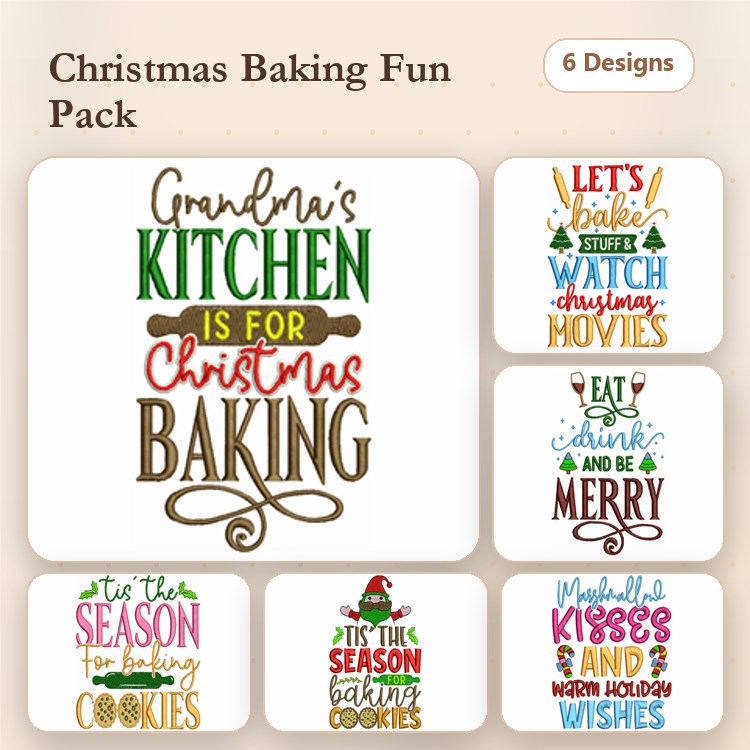 Christmas Baking Phrases Embroidery Designs Bundle – Grandma's Kitchen, Let's Bake, Eat, Drink and Be Merry & More (6 Designs)