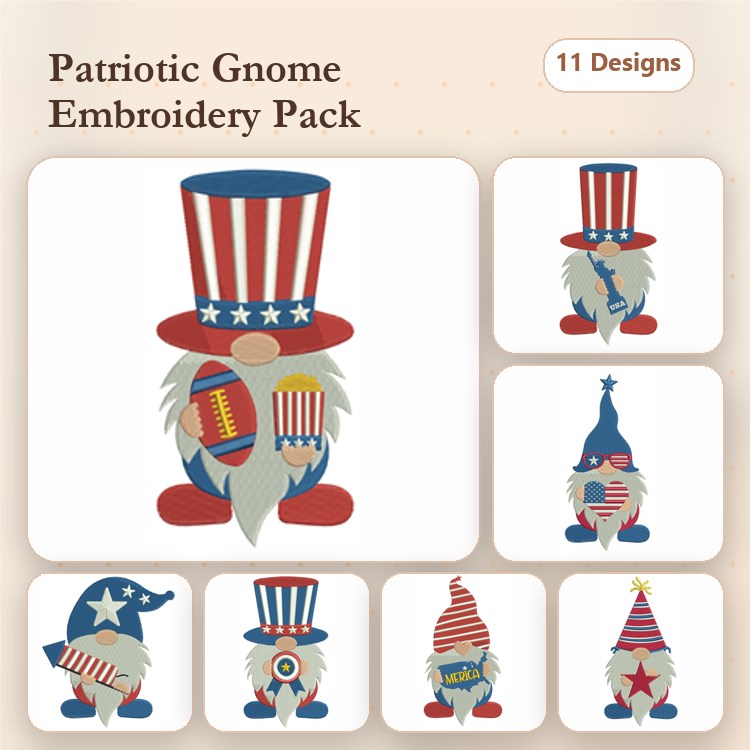 Patriotic Gnomes Embroidery Bundle – Gnome with Star Hat, Gnome with Striped Hat, Gnome with Football & More (11 Designs)