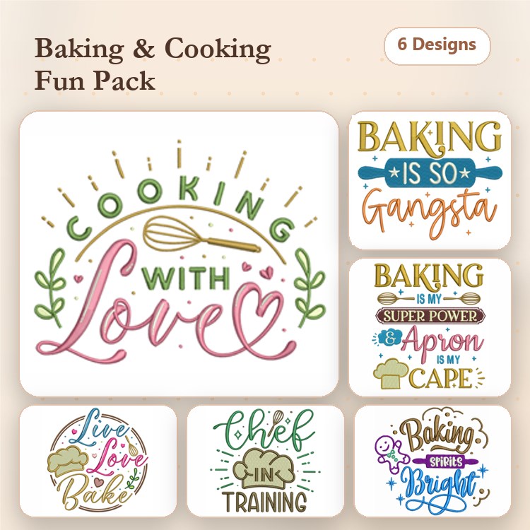 Cooking & Baking Phrases Embroidery Designs Bundle – Baking is So Gangsta, Cooking with Love, & More (6 Designs)