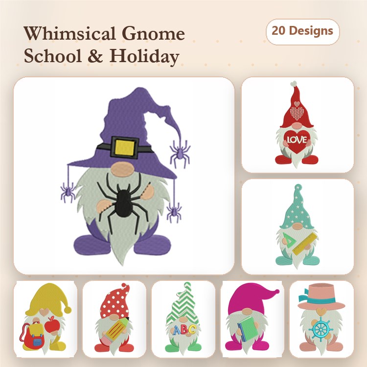 Gnome Embroidery Designs Bundle – Gnome with Spider, Gnome Holding Heart, Gnome with Gift & More (20 Designs)