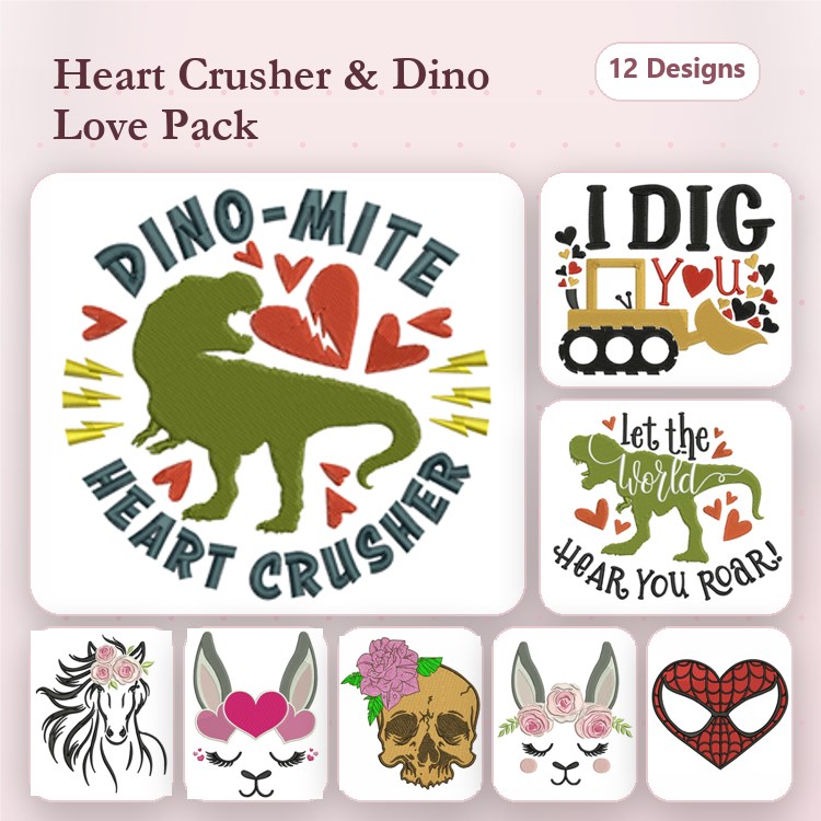 Dino & Love Embroidery Designs Bundle – Dino-Mite Heart Crusher, I Dig You, Floral Unicorn & More (12 Designs)