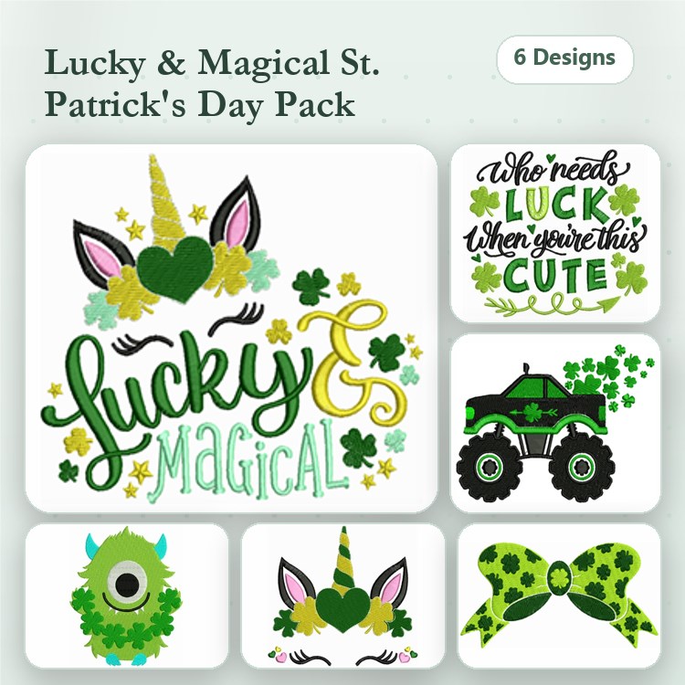 St. Patrick's Day Embroidery Designs Bundle – Lucky & Magical Text, Green Monster, Unicorn & More (6 Designs)