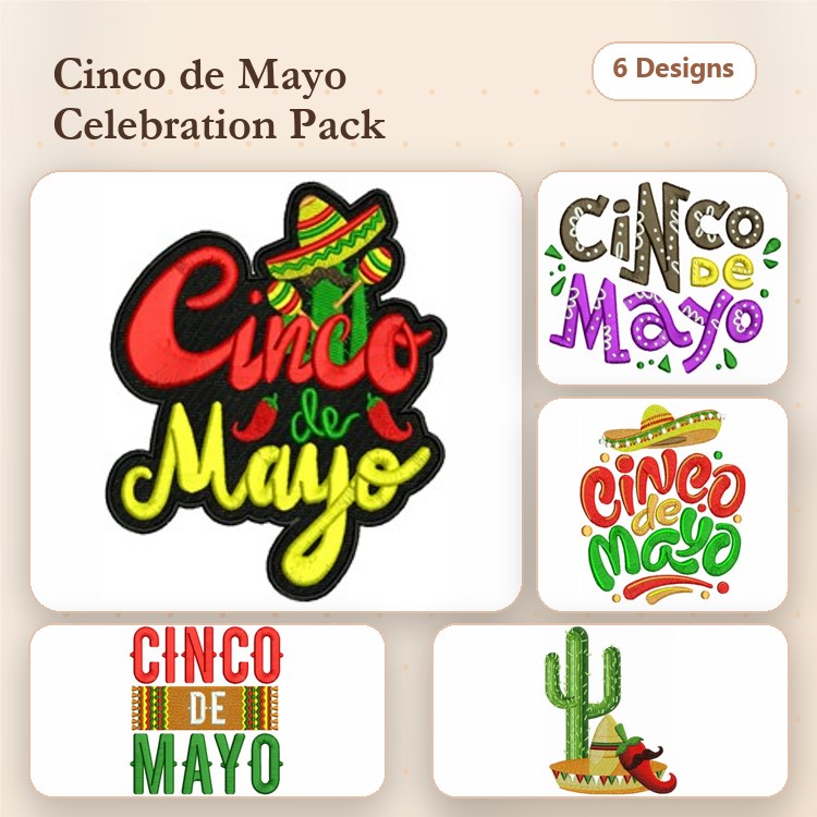 Cinco de Mayo Celebration Embroidery Designs Bundle – Cinco de Mayo with Sombrero, Cactus with Maracas & More (6 Designs)