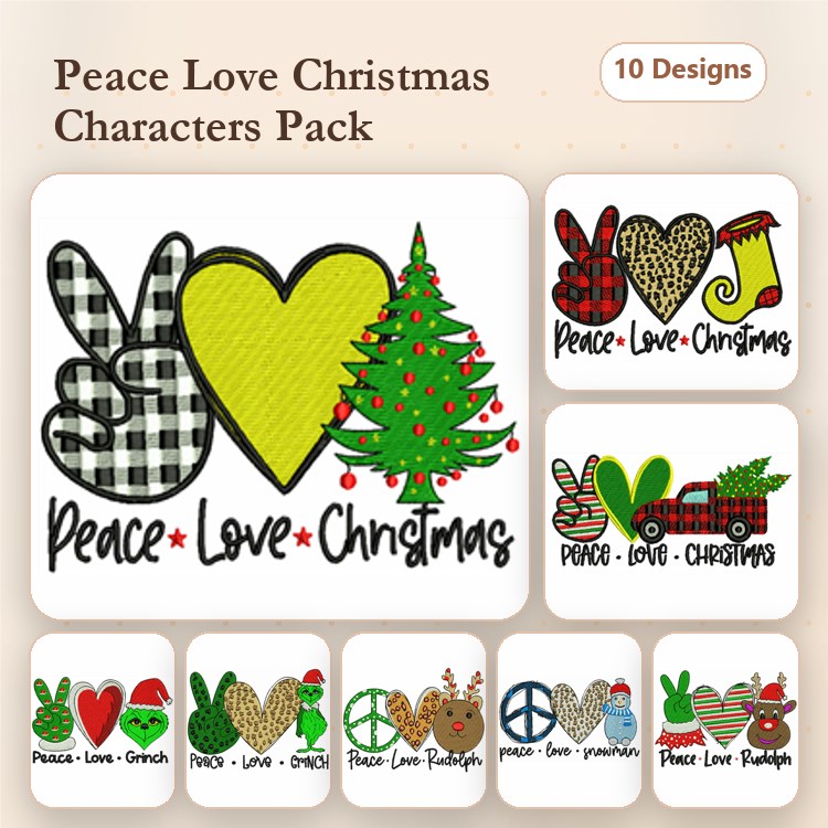 Christmas Characters Embroidery Designs Bundle – Peace Sign, Christmas Tree, Red Truck & More (10 Designs)