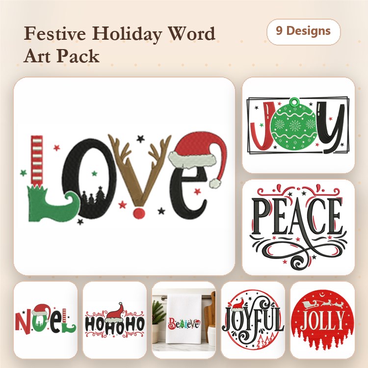 Holiday Word Art Embroidery Designs Bundle – Joy, Love, Peace, & More (9 Designs)