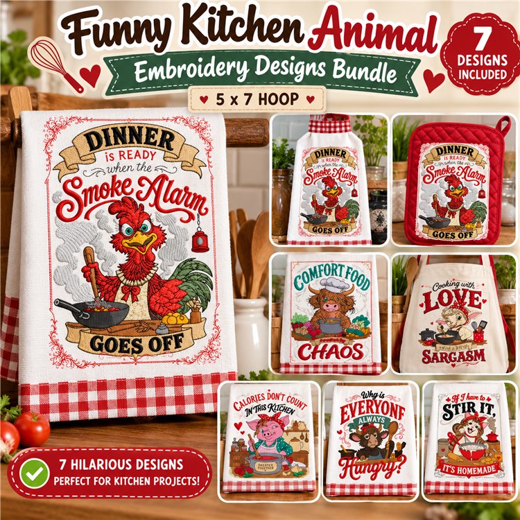Funny Kitchen Animal Embroidery Designs Bundle – Dinner Smoke Alarm Goes Off, Spoonful of Sarcasm, & More (7 Designs)