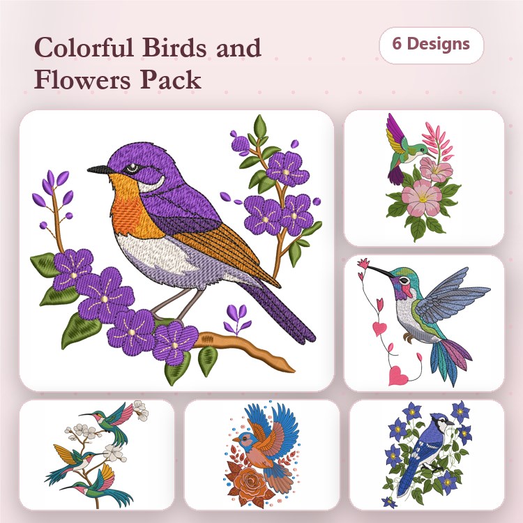 Colorful Birds and Flowers Embroidery Designs Bundle – Purple Bird with Flowers, Hummingbird with Hearts, Blue Bird & More (6 Designs)