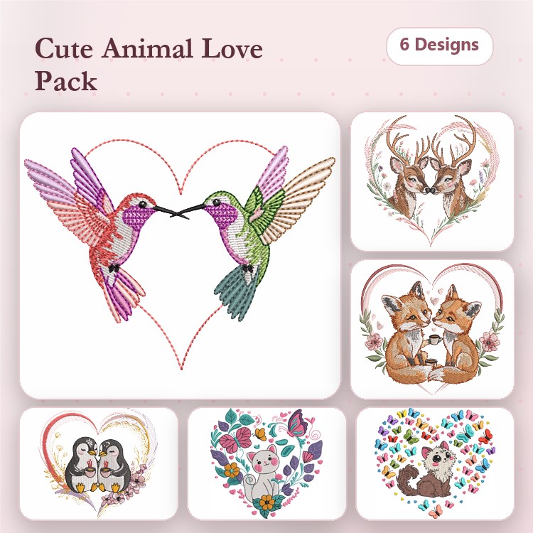 Animals in Love Embroidery Designs Bundle – Hummingbirds, Deer, Foxes, Penguins & More (6 Designs)