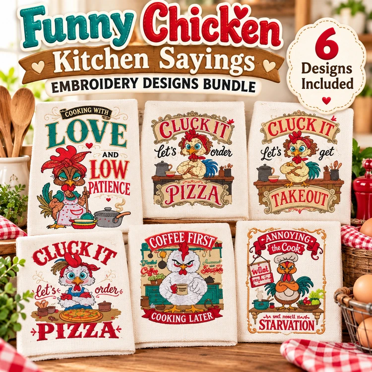 Funny Chicken Kitchen Sayings Embroidery Designs Bundle – Cooking with Love, Cluck It, Let's Eat Pizza & More (6 Designs)