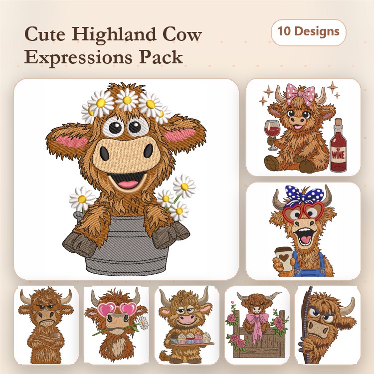 Highland Cow Embroidery Bundle – Cow with Flowers, Cow Holding Soda, Cow with Bow & More (10 Designs)