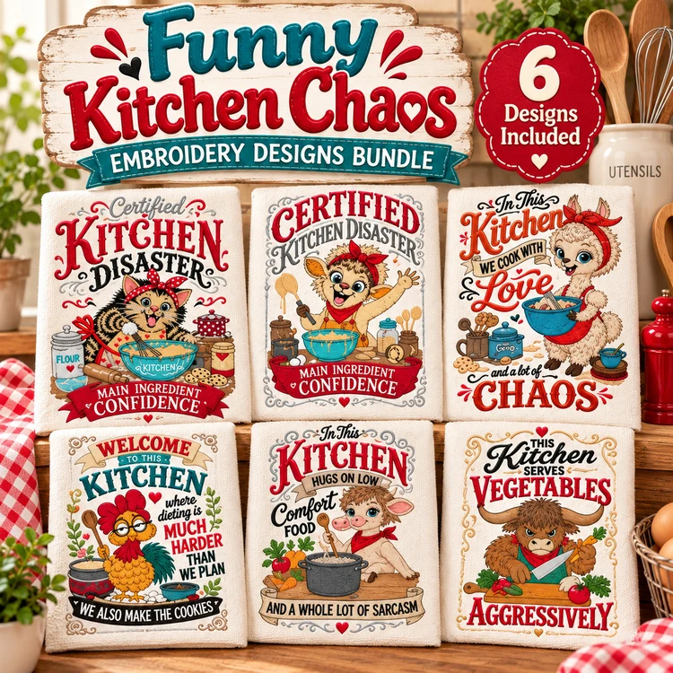 Funny Kitchen Chaos Embroidery Designs Bundle – Certified Kitchen Disaster, Welcome Kitchen Chaos, & More (6 Designs)