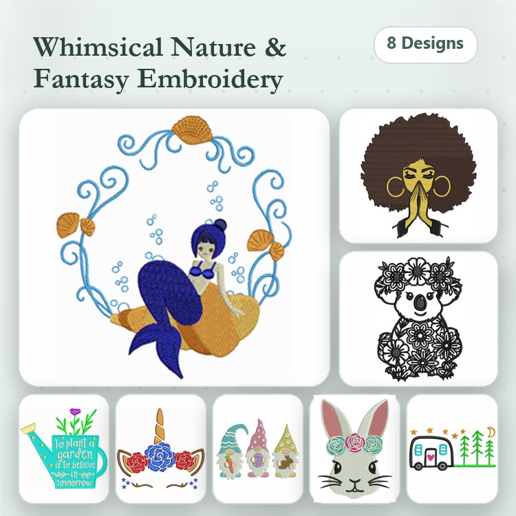 Whimsical Nature Embroidery Designs Bundle – Mermaid, Koala, Gnome, Bunny & More (8 Designs)