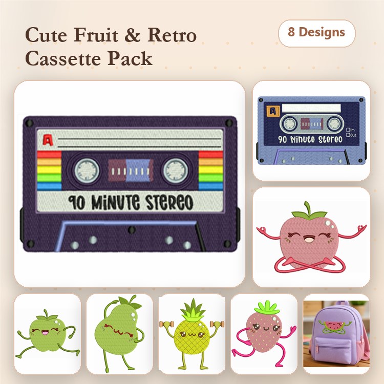 Cute Fruit & Retro Cassette Embroidery Designs Bundle – Happy Watermelon, Cute Avocado, Joyful Strawberry & More (8 Designs)