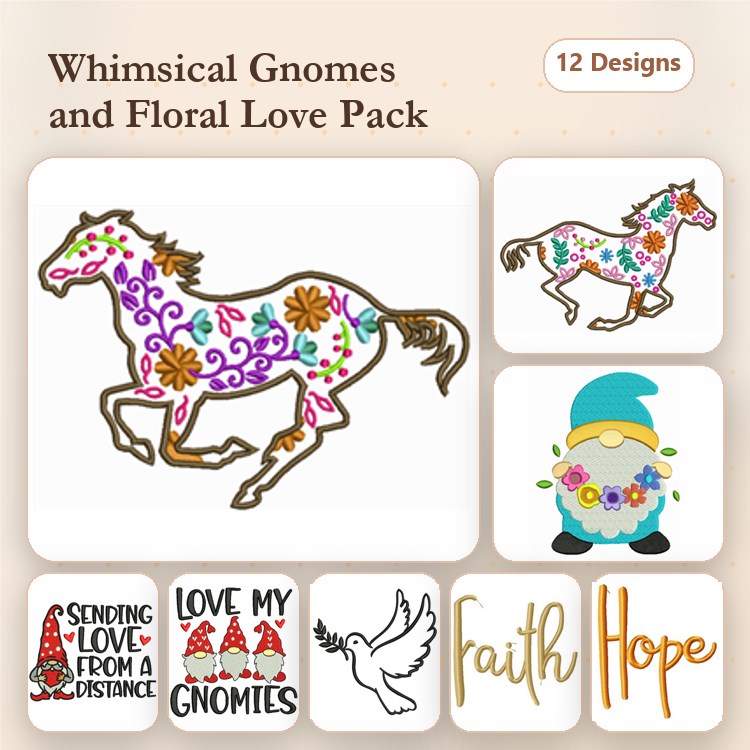 Floral Horse & Gnomes Embroidery Designs Bundle – Gnome with Flowers, Sending Love from a Distance & More (12 Designs)