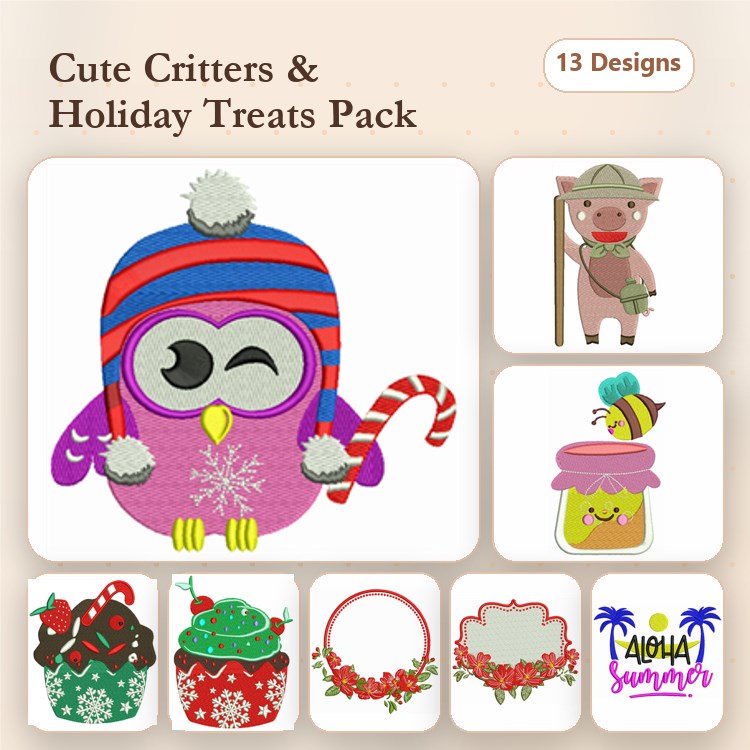 Cute Critters & Holiday Treats Embroidery Designs Bundle – Snowman Owl, Pig with Hat, Candy Jar & More (13 Designs)