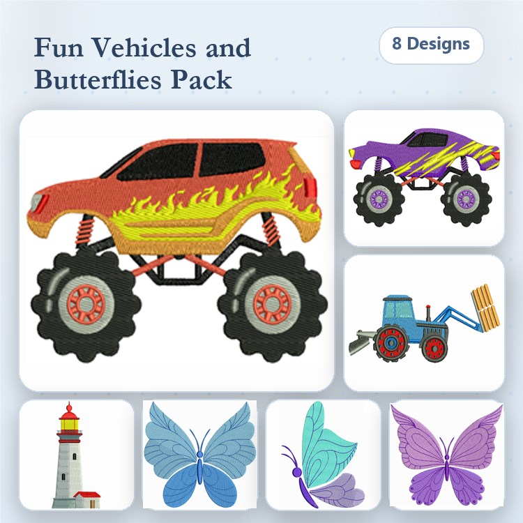Vehicles & Butterflies Embroidery Designs Bundle – Monster Truck, Race Car, Tractor, & More (8 Designs)