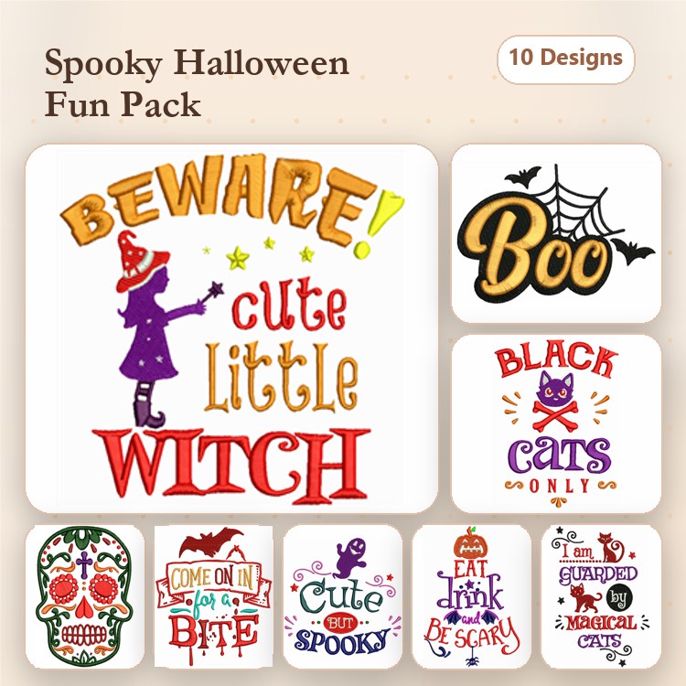 Halloween Embroidery Designs Bundle – Beware Cute Little Witch, Boo, Black Cats Only & More (10 Designs)