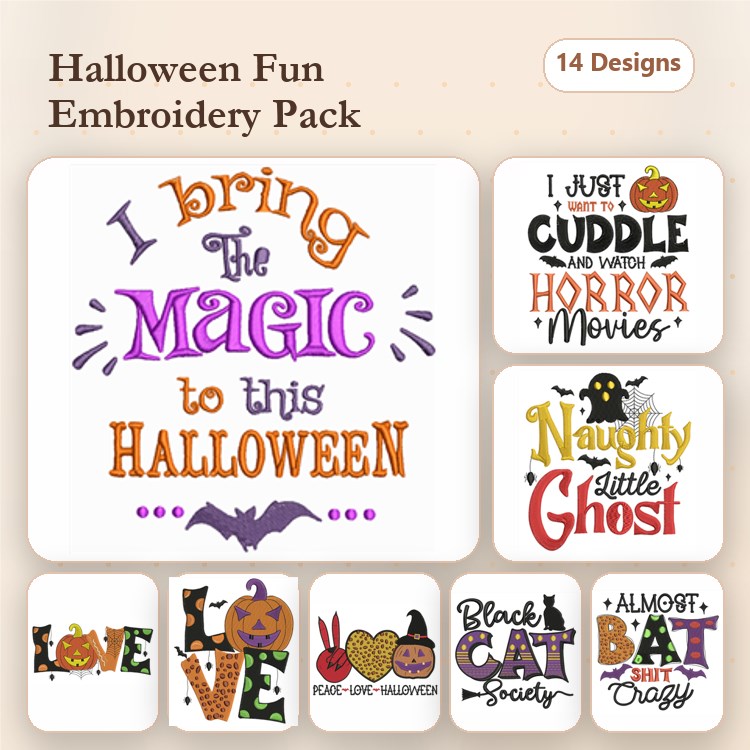 Halloween Phrases & Imagery Embroidery Designs Bundle – I Bring the Magic, Naughty Little Ghost, Pumpkin Face & More (14 Designs)
