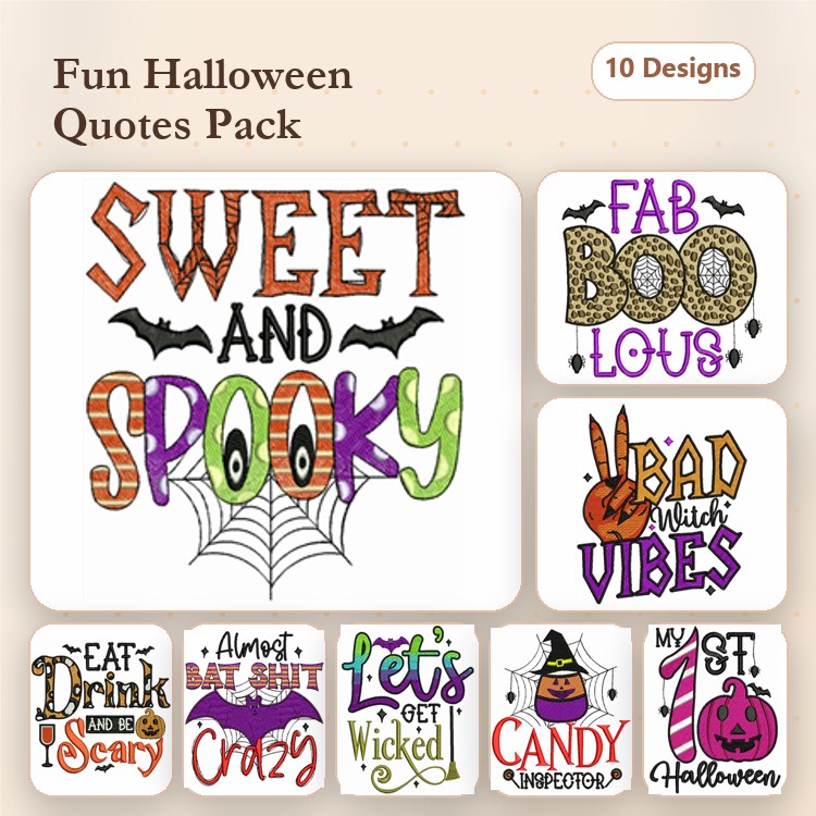 Halloween Quotes Embroidery Designs Bundle – Sweet and Spooky, Fab Boo Lous, Bad Witch Vibes & More (10 Designs)