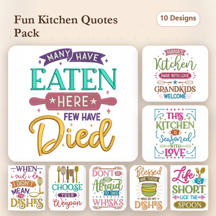 Kitchen Quotes Embroidery Designs Bundle – Many Have Eaten Here, Blessed are the Hands that Wash the Dishes & More (10 Designs)