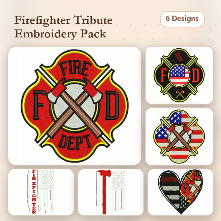 Firefighter Tribute Embroidery Bundle – Fire Department Emblem, Crossed Axes, Firefighter Heart & More (6 Designs)