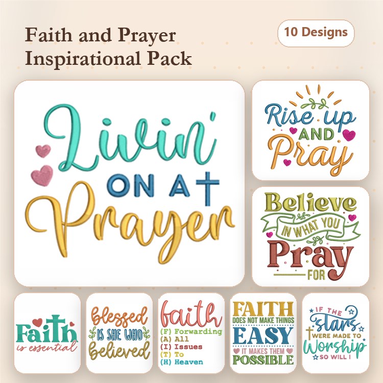 Faith & Inspirational Quotes Embroidery Designs Bundle – Livin' on a Prayer, Rise Up and Pray, & More (10 Designs)