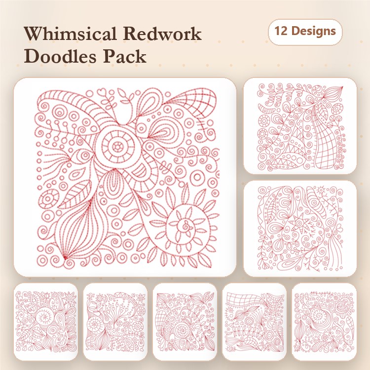 Redwork Floral Doodles Embroidery Designs Bundle – Curly Leaf, Spiral Flower, Abstract Arrangement & More (12 Designs)