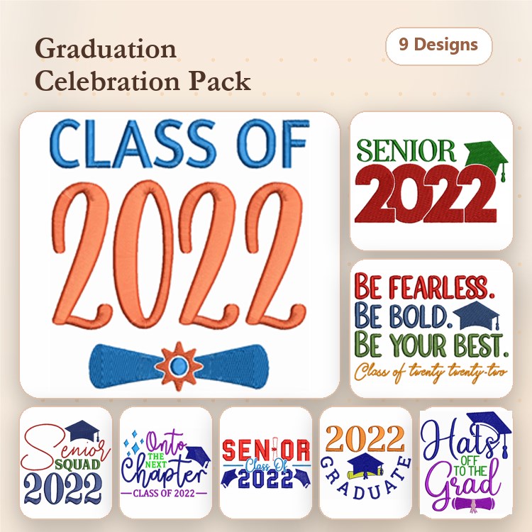 Graduation Celebration Embroidery Designs Bundle – CLASS OF 2022, SENIOR 2022, HATS OFF TO THE GRAD & More (9 Designs)