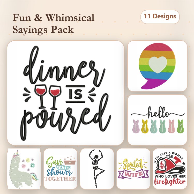 Whimsical Sayings Embroidery Designs Bundle – Dinner is Poured, Rainbow Heart, Dance Like No One is Watching & More (11 Designs)