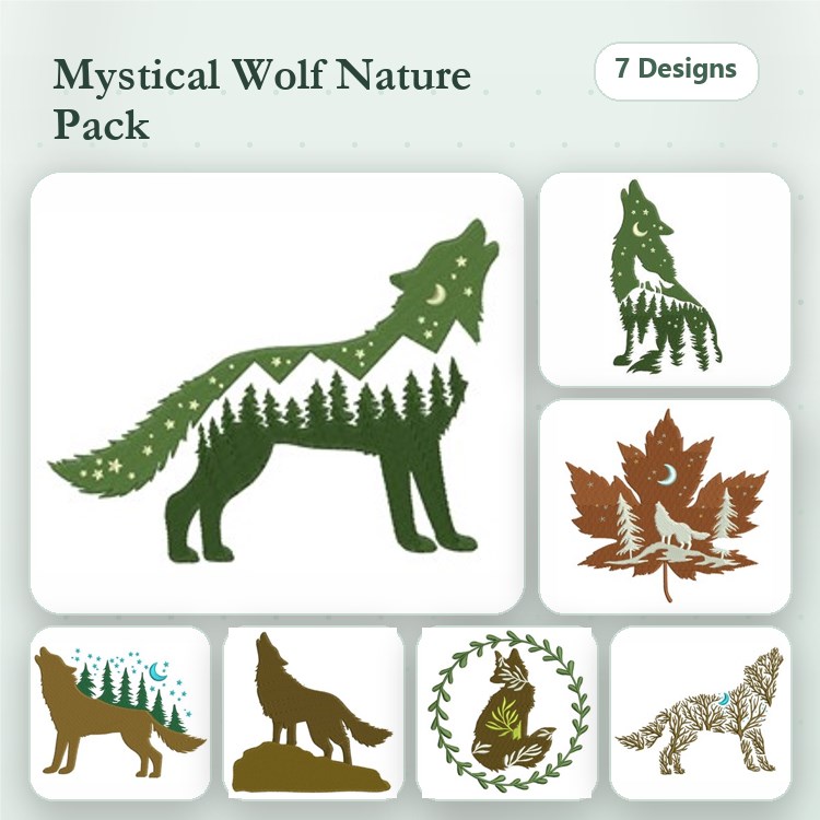 Wolf & Nature Embroidery Bundle – Howling & Silhouettes (7 Designs)