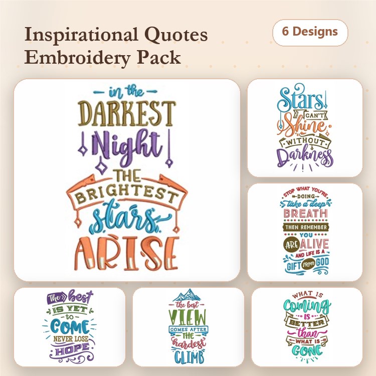 Inspirational Quotes Embroidery Designs Bundle – Darkest Night, Stars Shine, Breathe & More (6 Designs)