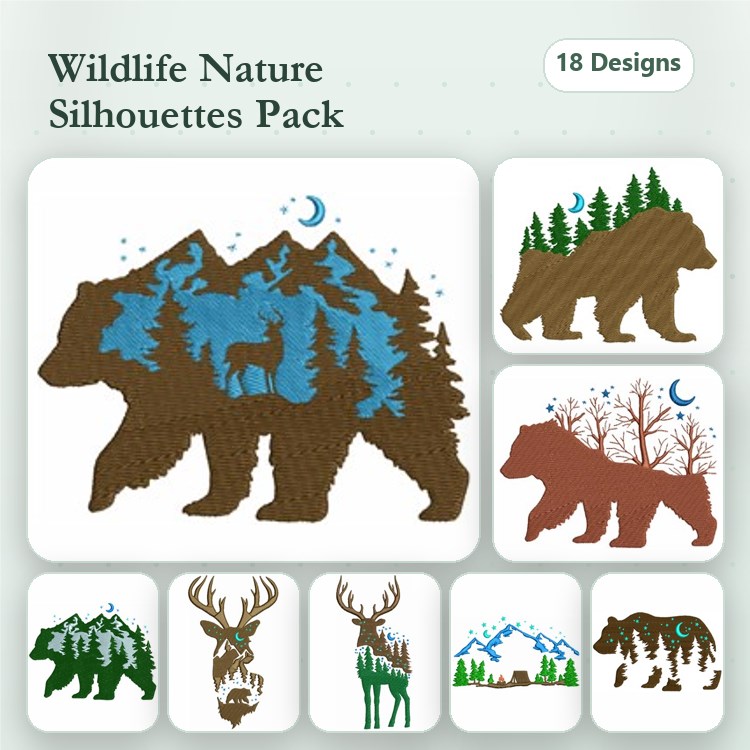 Wildlife Silhouettes Embroidery Bundle – Bear with Mountains, Deer in Forest, Buck Silhouette & More (18 Designs)