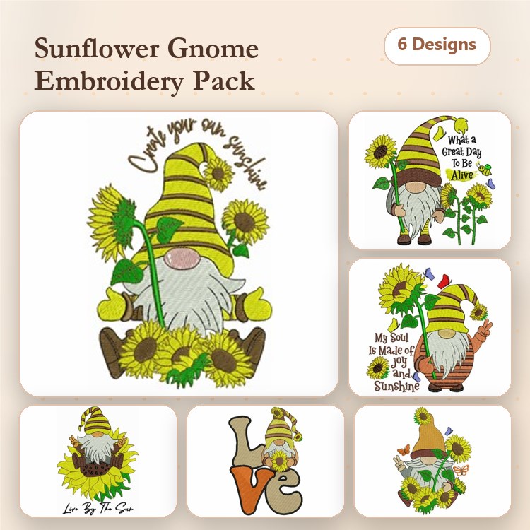 Sunflower Gnomes Embroidery Designs Bundle – Sunflower Gnome with Flowers, Gnome Holding a Sunflower, & More (6 Designs)