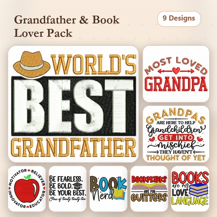 Grandfather & Book Lover Embroidery Designs Bundle – World's Best Grandfather, Book Nerd, Grandpa's Mischief & More (9 Designs)