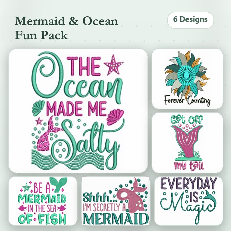 Mermaid & Ocean Phrases Embroidery Designs Bundle – The Ocean Made Me Salty, Get Off My Tail, & More (6 Designs)