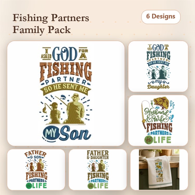 Fishing Partners Family Embroidery Designs Bundle – Fishing Partner for My Son, Fishing Partner for My Daughter & More (6 Designs)